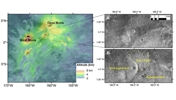 Vlevo vidíme výšková data pro oblast v okolí sopek Maat Mons a Ozza Mons, přičemž studovaná oblast je vyznačena černým obdélníkem. Vpravo vidíme tuto oblast nafocenou sondou Magellan před (A) a po (B) události, která se zřejmě týkala sopečné erupce.