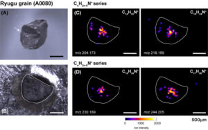 Různé prostorové rozložení sloučenin CHN na povrchu vzorku z Ryugu získané pomocí desorpční elektrosprejové ionizační hmotnostní spektrometrie.