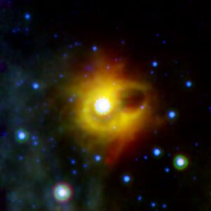 Okolí zdroje SGR 1900-14 na snímku Spitzerova vesmírného dalekohledu.