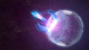 Umělecká představa pevné krusty na povrchu magnetaru a silného hvězdotřesení.