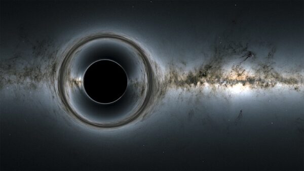 Takto bychom podle simulace viděli rovinu Mléčné dráhy, kdyby před ní procházela černá díra.