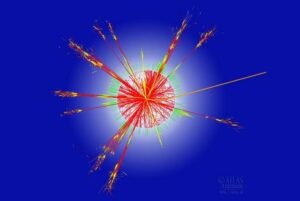 Simulace mikroskopické černé díry stvořené na urychlovači částic LHC.