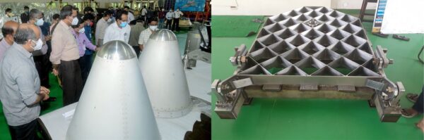 Vlevo: aerodynamická čepičky záchranné věžičky. Vpravo: Roštové kormidlo záchranného systému CAS. Obrázek: ISRO/Karel Zvoník