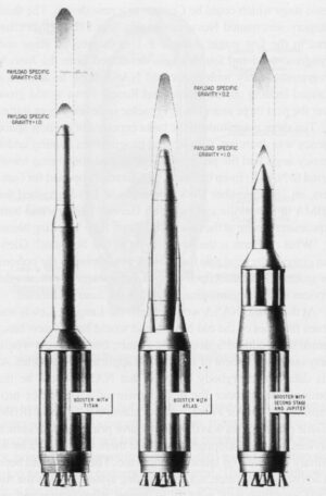 Kresba z roku 1958 zachycuje zvažované varianty rakety Juno V, která se později stala Saturnem I. V prvním případě (vlevo) tvoří druhý a třetí stupeň raketa Titan I, ve druhém případě tvoří druhý stupeň raketa Atlas, ve třetím případě druhý stupeň vznikne podobným způsobem jako první (svazek nádrží raket Jupiter a Redstone) a třetí bude na kyslík a vodík (tedy typu Centaur)