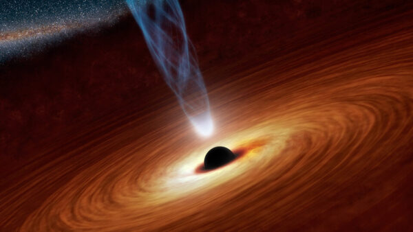 Supermasivní černá díra ve středu vzdáleného kvasaru a kolem ní akreční disk, který kvasar samotný pohání. 
