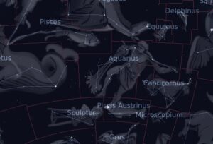 Uprostřed snímku souhvězdí Vodnáře (Aquarius), jedno z méně známých a výrazných souhvězdí zvěrokruhu.
