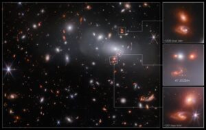 Ještě jednou kupa RX J2129 a čočkované objekty v jejím okolí. Tentokrát je ovšem vpravo vytažený a zvětšený detail na zmíněnou vzdálenou galaxii s pravděpodobnou supernovou typu Ia.