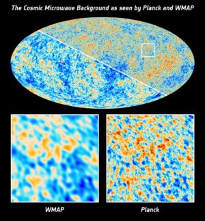 Teplotní fluktuace reliktního záření, tak jak je viděly sondy WMAP a Planck.