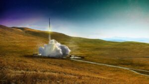Umělecká představa startu rakety Orbex Prime z rampy kosmodromu Sutherland Spaceport.