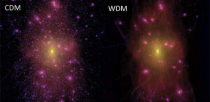 Simulace studené (vlevo) a horké (vpravo) temné hmoty pro okolí naší Mléčné dráhy.