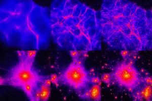 Simulace velkorozměrových struktur, které by vytvářela horká temná hmota (vlevo), teplá temná hmota (uprostřed) a studená temná hmota (vpravo).