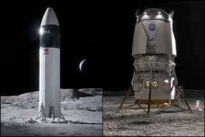 Starship od SpaceX a Blue Moon od Národního týmu - dva pilotované lunární landery programu Artemis.