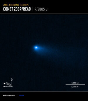 Snímek komety 238P/Read z hlavního pásu planetek pořízená kamerou NIRCam na JWST.