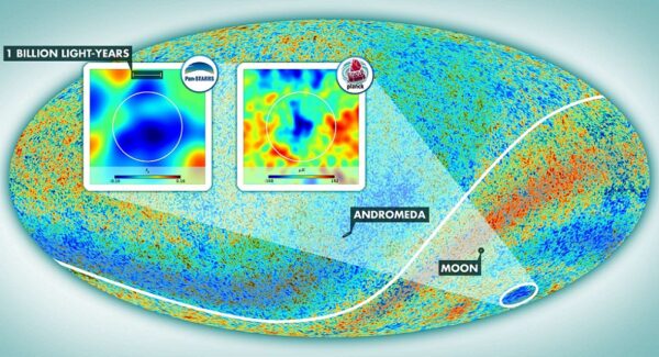 Data získaná přehlídkovým programem Pan-STARRS (výřez vlevo) naznačují, že by kosmická superprázdnota v Eridanu, kde Planck vidí chladnou skvrnu (výřez vpravo) mohla existovat. Na potvrzení si ale ještě musíme počkat.