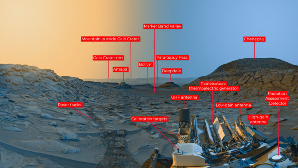„Pohlednice“ pořízená roverem Curiosity při opouštění oblasti Marker Band Valley doplněná o popisky.