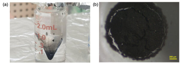 Snímky nerozpustných uhlíkatých usazenin izolovaných ze zrnek z planetky Ryugu po aplikaci kyseliny fluorovodíkové a chlorovodíkové. Snímek A zachycuje uhlíkaté usazeniny z Ryugu v miniaturní skleněné nádobce, snímek B pak představuje snímek jiné nádobky shora.