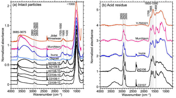 Porovnání spekter vzorků z Ryugu a uhlíkatých chondritů získaná metodou micro-FTIR. A obsahuje transmisní infračervená spektra nedotčených zrnek, zatímco B ukazuje to smé, jen u nerozpustných uhlíkatých pozůstatků. Pozorujeme zde absorpční čáry související s alifatickými vazbami C-H (2960 cm -1, 2930-2925 cm-1, 2855-2850 cm-1, 1460 cm-1, 1380 cm-1), C=O (1705-1690 cm-1) a aromatickými C=C (~1600 cm-1)