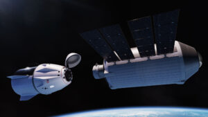 Umělecká představa lodi Crew Dragon, která v rámci mise Vast-1 přiváží na stanici Haven-1 první posádku.