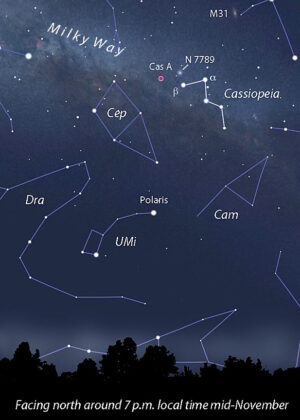 Pozice objektu Cassiopeia A na noční obloze.