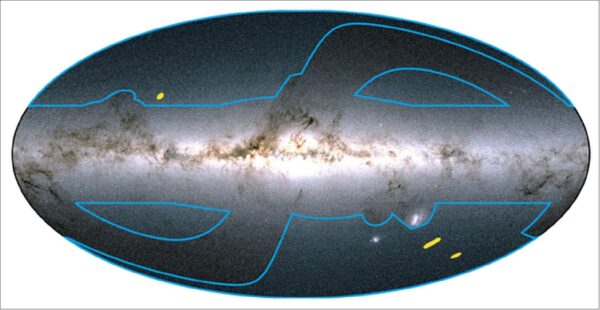 Mapa oblohy získaná díky sondě Gaia. Modré čáry označují hranice oblastí určených pro širší průzkum teleskopu Euclid. Žlutě pak vidíme tři hluboká pole. 