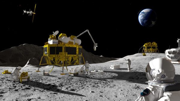 Scéna z možné nepříliš vzdálené budoucnosti. Astronauti na povrchu Měsíce pracují u landeru Argonaut a na obloze vidíme (nereálně velkou) stanici Gateway.