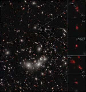 Nový pohled Webbova dalekohledu na Pandora cluster. Vpravo detaily několika zajímavých velmi vzdálených galaxií.