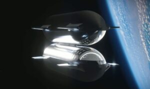 Umělecká představa dvou spojených lodí Starship za účelem přečerpávání pohonných látek.