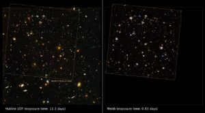 Srovnání snímků Hubbleova dalekohledu (vlevo) a Webbova dalekohledu (vpravo).
