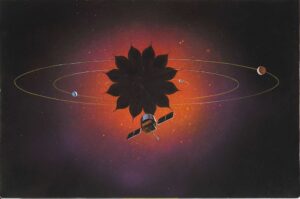 Umělecká představa observatoře sledující planety u vzdálené hvězdy díky odstínění světla jejich mateřské hvězdy.