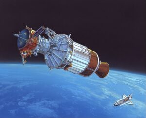 Umělecká představa sondy Ulysses vzdalující se od raketoplánu Discovery.