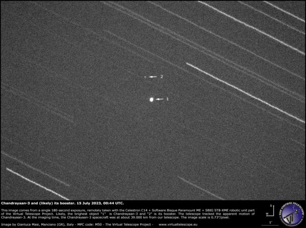 Zdánlivě obyčejné foto, je překvapivě neobyčejné. To na co se díváte je sonda Čandraján-3 spolu z horním stupněm (slabší flíček) 15 hodin po startu. Obrázek: www.virtualtelescope.eu