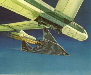 Umělecké znázornění odpoutání X-20 od nosného letounu NB-52 během prvních letových testů 