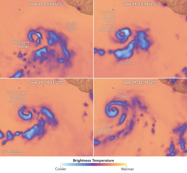 Série čtyř snímků zachycující vývoj bouře Adrian v Mexickém zálivu
