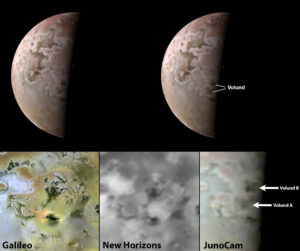 Nahoře a vpravo dole vidíme snímky Io z kamery JunoCam na sondě Juno pořízené v květnu 2023. Snímky zachycují, že se pole toků lávy obklopující sopky Volund A a B pravděpodobně zvětšilo. Vlevo dole vidíme snímek stejné oblasti pořízený v roce 1996 sondou Galileo a dole uprostřed snímek ze sondy New Horizons z roku 2007.