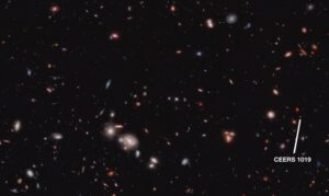 CEERS 1019 na pozadí dalších galaxií a objektů.