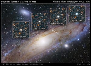 Jedna z proměnných hvězd cefeid vyfotografovaná Hubbleovým dalekohledem ve velké spirální galaxii M31 v souhvězdí Andromedy.