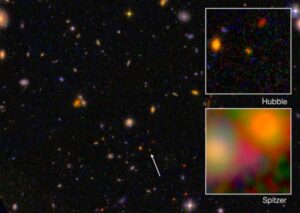 Galaxie EGSY8p7 (CEERS 1019) zachycená Hubbleovým a Spitzerovým teleskopem.