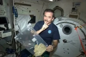 Chris Hadfield v japonském modulu Kibo se sáčkem s podivným obsahem. Opravdu astronauti ve vesmíru testovali účinek drog? Obrázek: Pictures in History