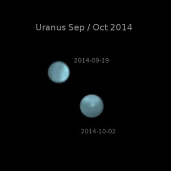 Dva snímky Uranu pořízené amatérským astronomem Anthony Wesleym z Austrálie s pomocí 40 centimetrového teleskopu typu Newton s filtrem pro vlnové délky 650-850nm a kamerou PGR GS3-U3-23S6M. Jasně je vidět výrazná bouře.