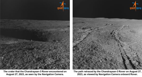 První zveřejněné snímky z roveru. Vlevo patrný kráter kvůli kterému se vozítko vracelo o kousek zpět. Obrázek ISRO/ úprava Karel Zvoník