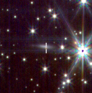 Dosvit gama záblesku GRB 221009A na záběru z přístroje NIRCam umístěném na Webbově dalekohledu. 