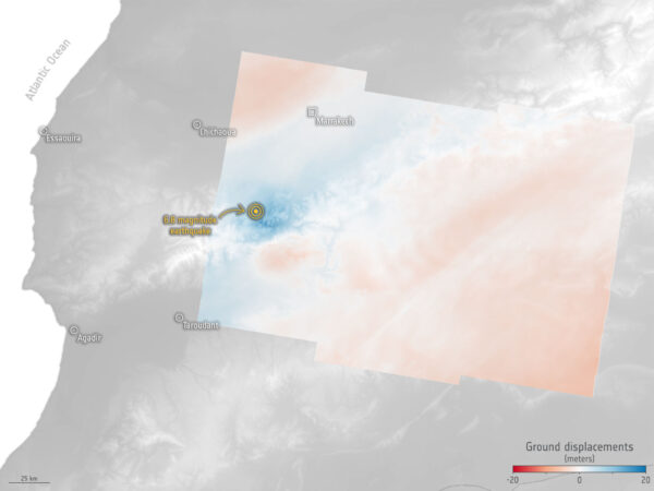 Mapa změn terénu po marockém zemětřesení vytvořená z dat mise Sentinel-1.