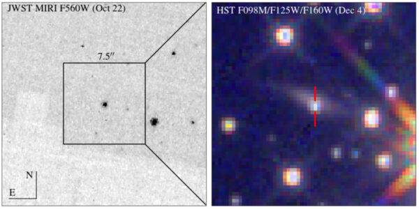 GRB 221009A a jeho okolí na snímcích z Webbova (vlevo) a Hubbleova (vpravo) dalekohledu. Pozorování MIRI na JWST zabralo pouhých 11 sekund, Hubble měl proto v tomto případě přesnější výsledky. 