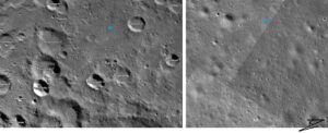 Mapa ukazuje přesné místo přistání modulu Čandraján-3 v levé části modrý bod poblíž kráteru Manzinus U. V pravé části je vidět místo přistání modré a červené plánované místo. Odchylka byla jen 350 m. Obrázek: Karel Zvoník/LROC Quickmap