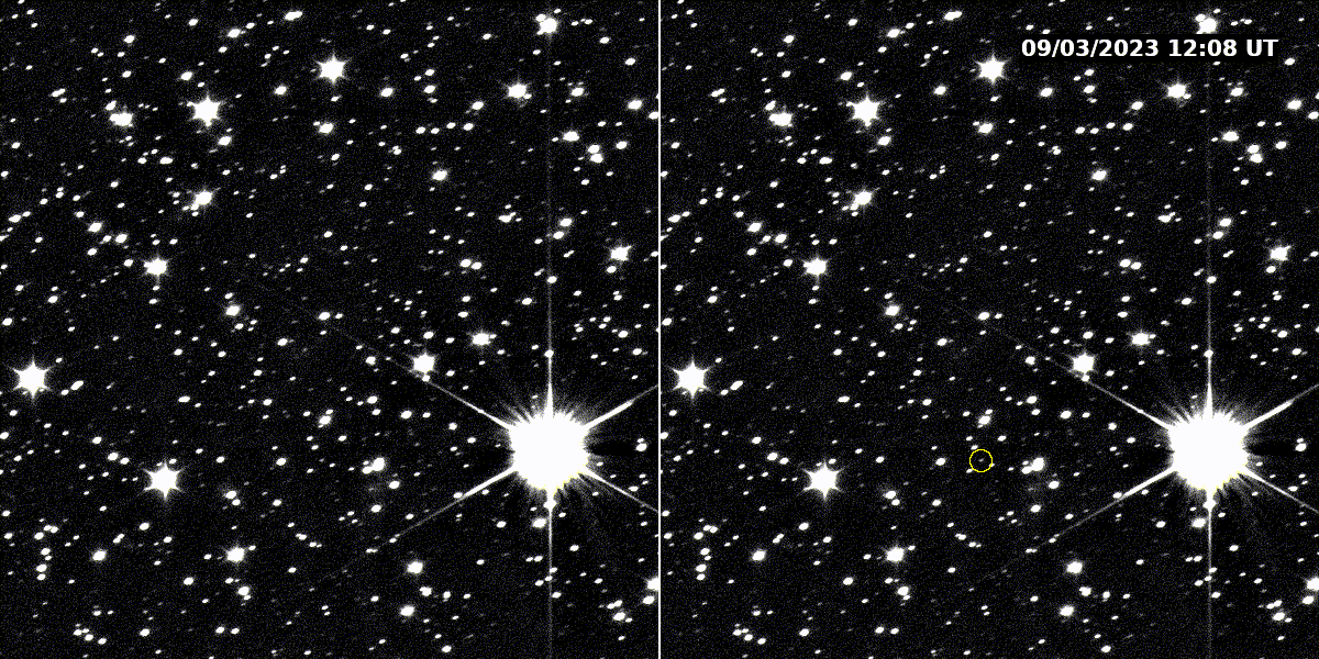 3. a 5. září pořídila kamera L'LORRI na sondě Lucy tyto dva snímky planetky Dinkinesh.