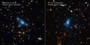 Snímky dvou vzdálených masivních kup galaxií pořízených v rámci této kampaně Hubbleovým dalekohledem. Vlevo MOO J1014+0038, vpravo SPT-CL J2106-5844. Modrá záře ukazuje na světlo duchů, oproti skutečnosti je zde však toto světlo velmi zvýrazněno.