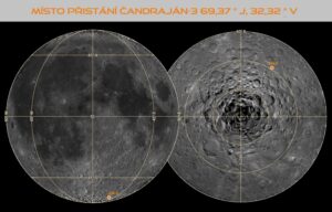 Místo přistání na přivrácené straně Měsíce leží přes 600 km daleko od jižního pólu. Obrázek: Karel Zvonik/LROC Quickmap