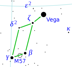Pozice mlhoviny M57 v souhvězdí Lyry.