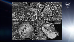 Vzorky z planetky Bennu nasnímané elektronovým mikroskopem. Vlevo nahoře vidíme jíly, ve kterých je vázána voda. Vpravo nahoře místo s obsahem sirných sloučenin. Spodní dva snímky zachycují kousky magnetitu.
