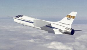 F-8 digitální Fly-By-Wire letoun během letu v barvách NASA FRC